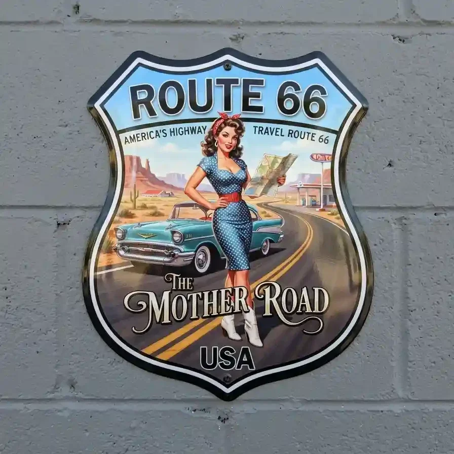 Metalen Wandbord Route 66 Pin-up The Mother Road 32x32 cm