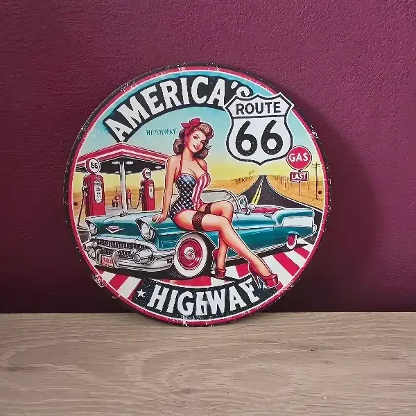Metalen Wandbord Route 66 Pin-up Girl - Rond 20cm (Vintage)