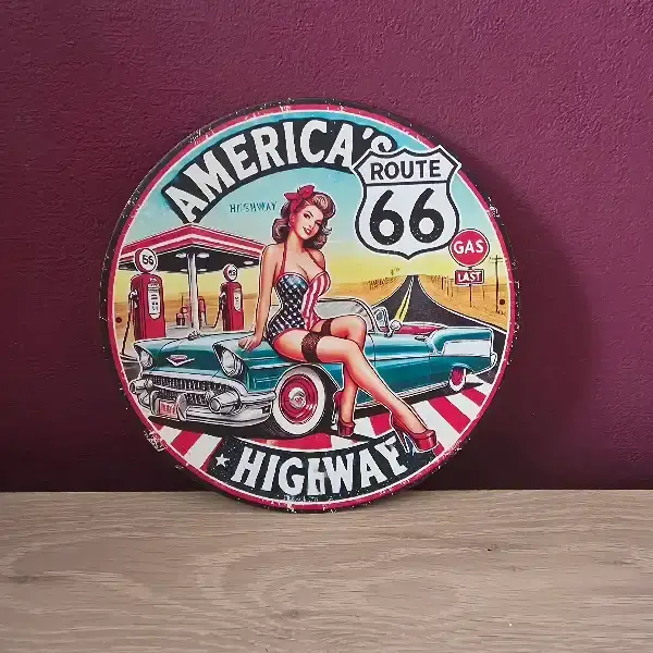 Metalen Wandbord Route 66 Pin-up Girl - Rond 20cm (Vintage)