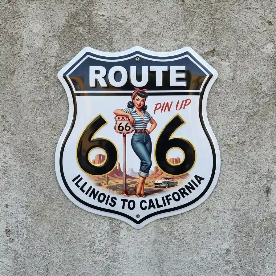 Metalen Wandbord Route 66 Pin-up 32x32 cm