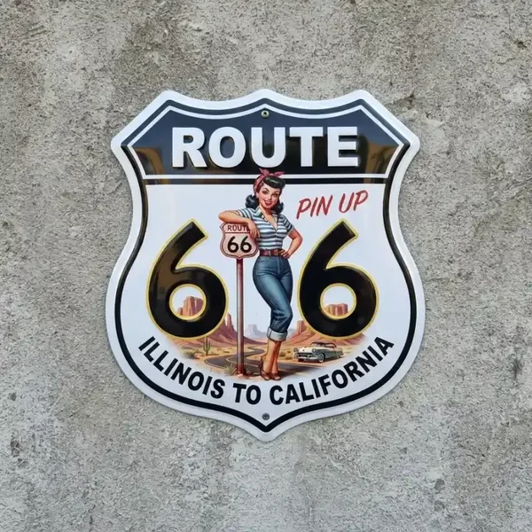 Metalen Wandbord Route 66 Pin-up 32x32 cm