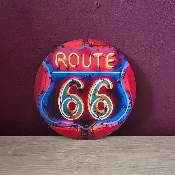 Metalen Wandbord Route 66 - Rond 20x20 cm (Vintage Look)