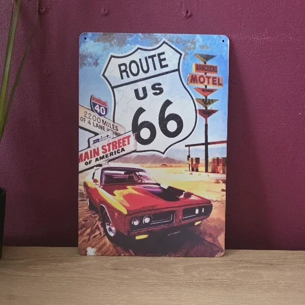Metalen Wandbord Route 66 Retro Auto - 20x30 cm
