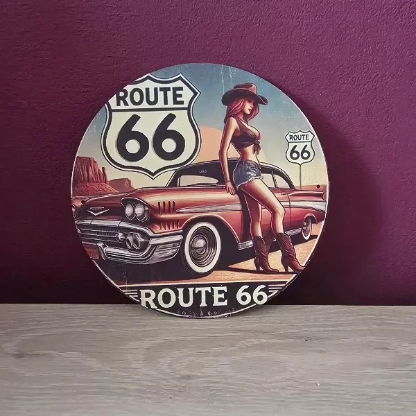 Metalen Wandbord Route 66 Vintage Auto & Pin-up - 20x20 cm
