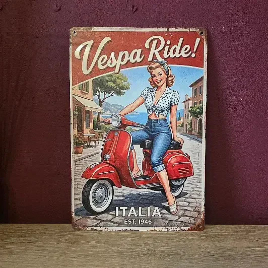 Metalen Wandbord Vespa Ride Italia Vintage - 20x30 cm