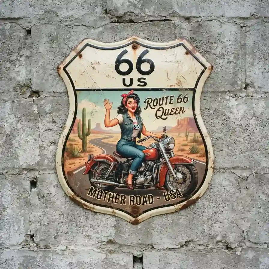 Metalen Wandbord Route 66 Queen Motor Pin-Up 32x32 cm