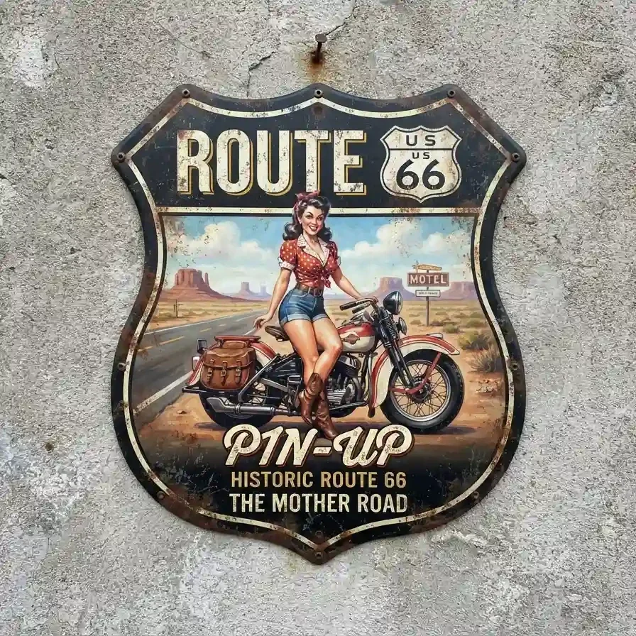 Metalen Schild Route 66 Pin-up Girl op Motor (32x32cm)