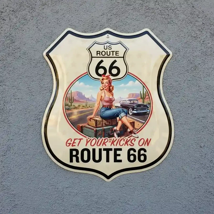 Metalen Schild Route 66 Pin-up 32x32 cm