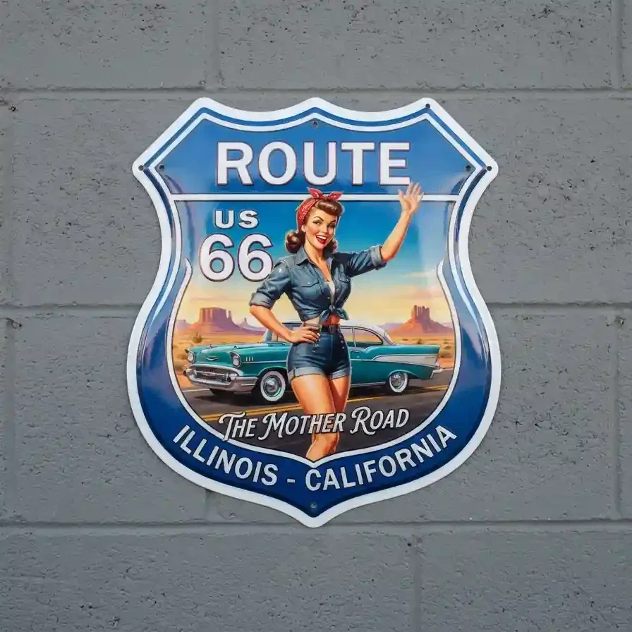 Metalen Bord Route 66 Pin-up Car 32x32 cm