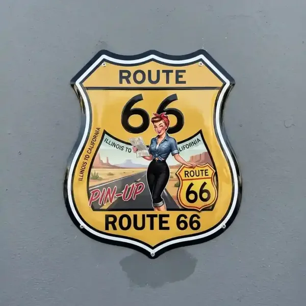 Metalen Schild Route 66 Pin-Up 32x32 cm