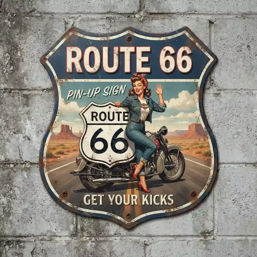 Route 66 Pin-up Metalen Schild 32x32 cm