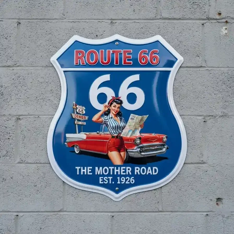 Route 66 Schilderbord Pin-up & Auto 32x32 cm