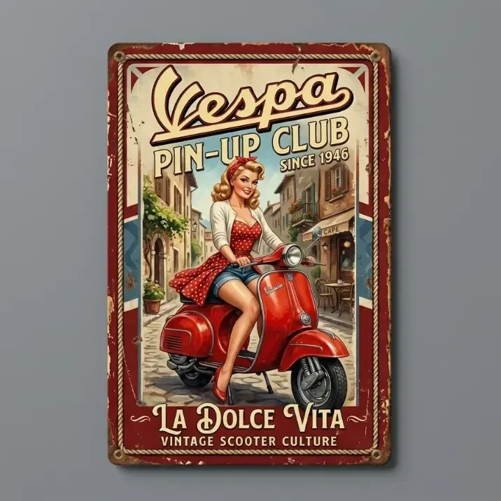 Vespa Pin-Up Club Vintage Metalen Bord - La Dolce Vita