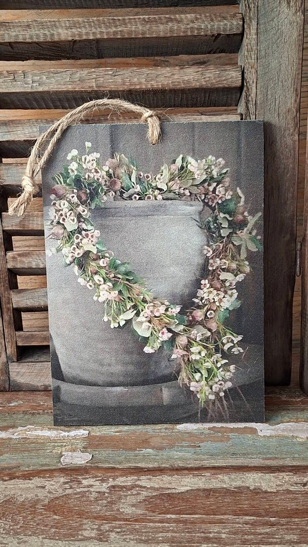 Houten deco bordje met hart en bloempjes