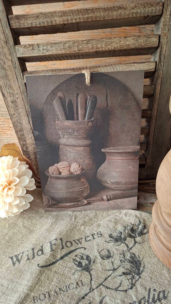 Houten deco bordje potten in keuken