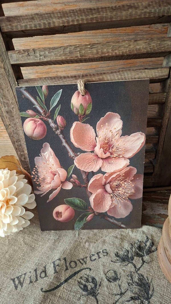 Houten deco bordje met perzikbloesem