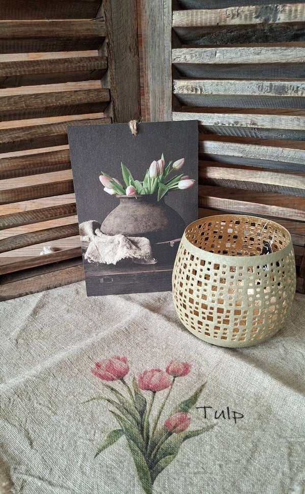 Houten deco bordje met pot en tulpen