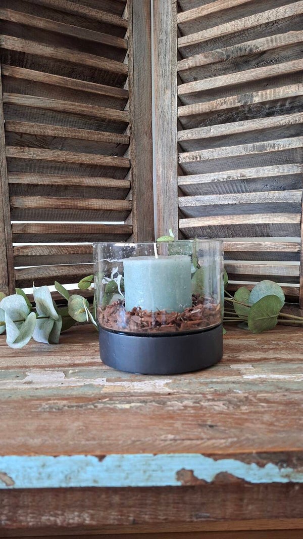 Kaarshouder met bubbelglas en zwart hout