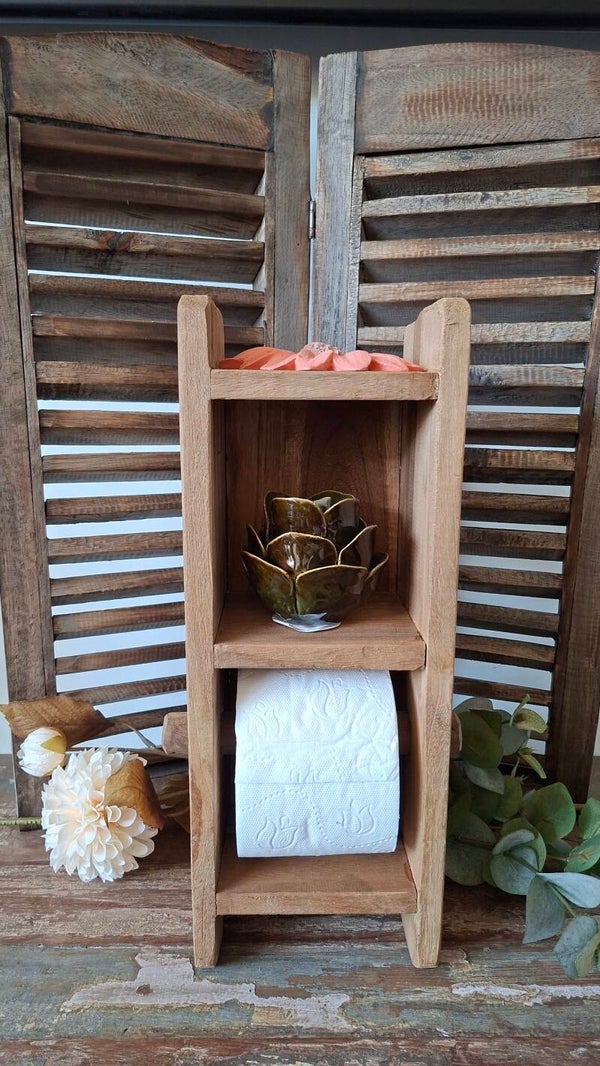 Houten wc rolhouder met 2 plankjes