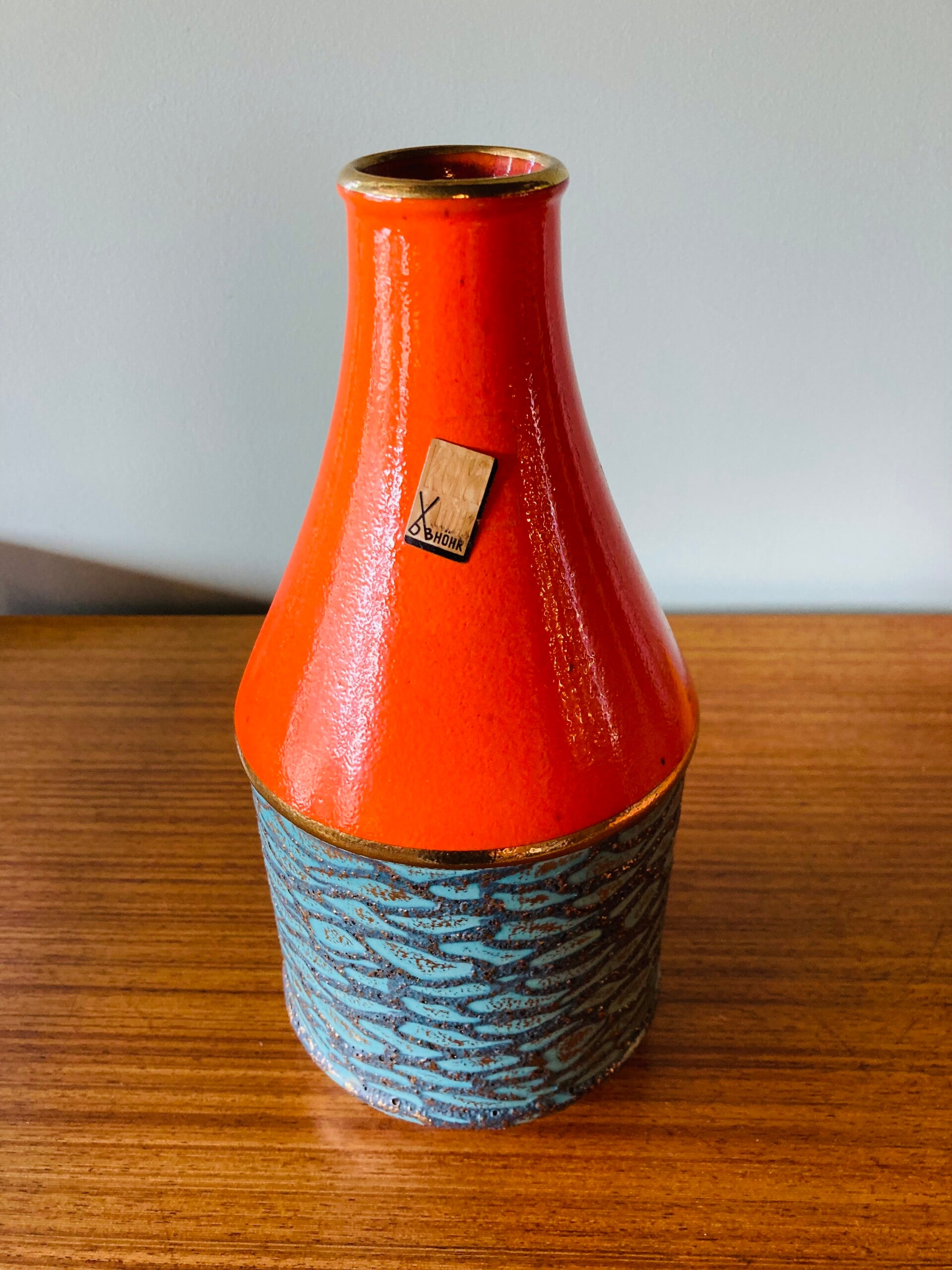 West-Germany vaas, oranje/turquoise/goud met reliëf