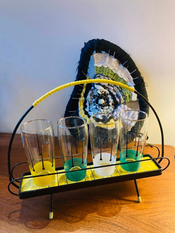 Vintage glazenrekje met set vintage glazen, jaren ‘60