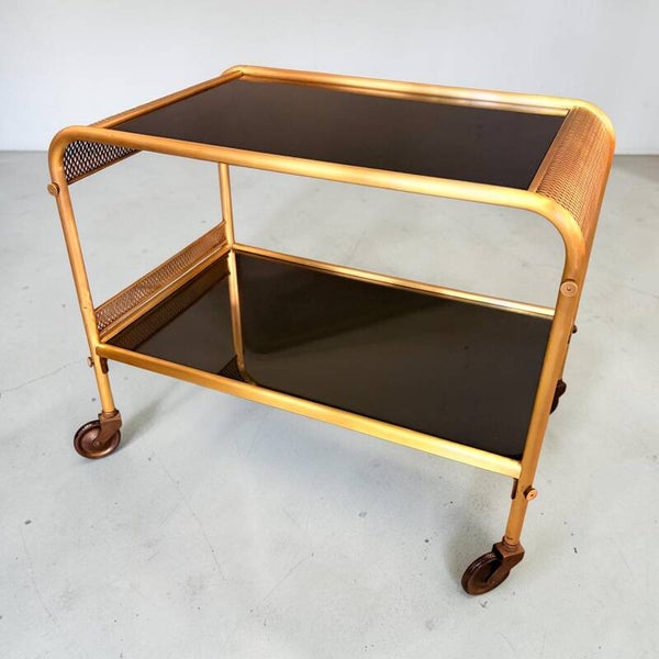 Messing trolley/barcart met zwarte glasplaten, jaren ‘50