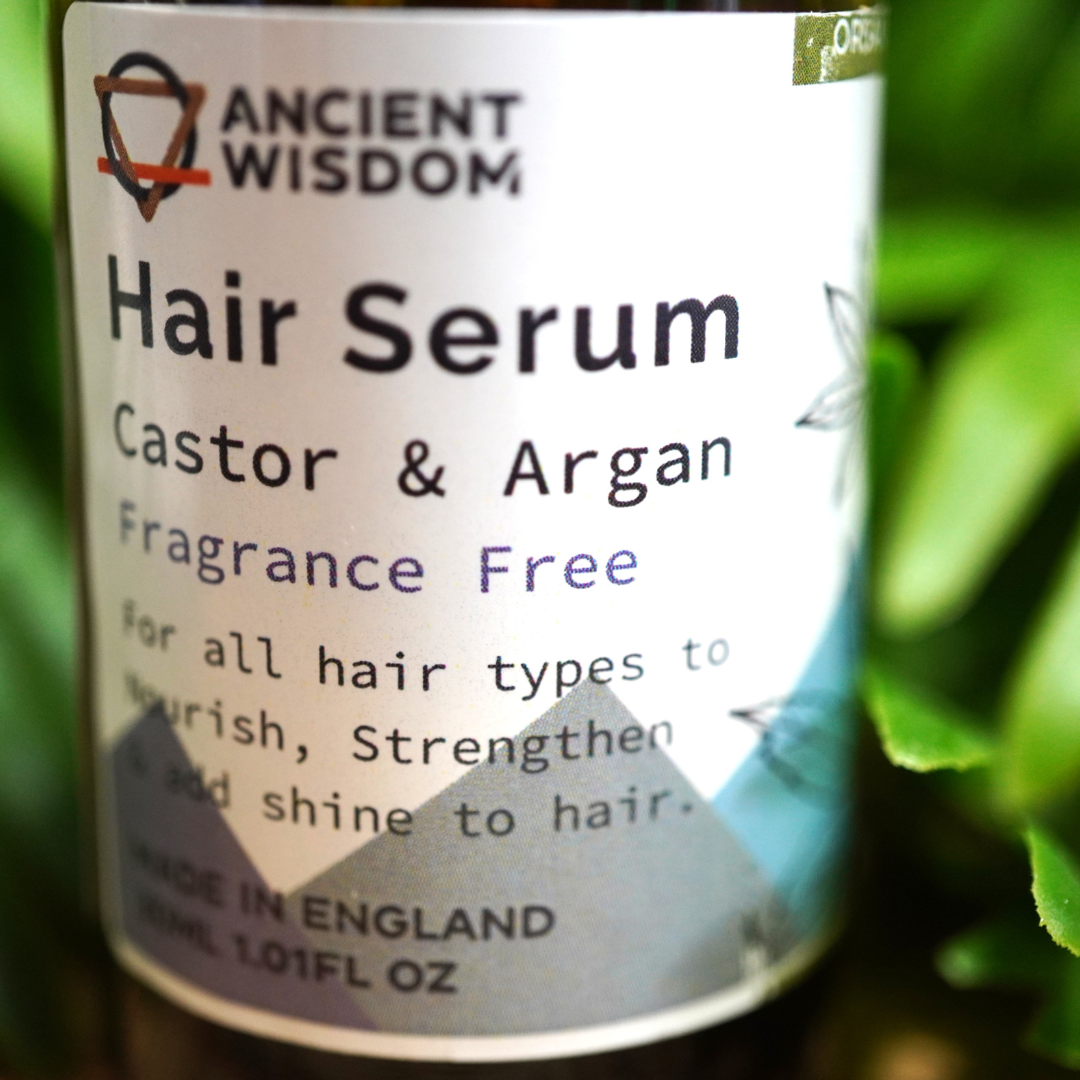 Ongeparfumeerde haar serum van Ancient Wisdom, castor en arganolie blend, 30 ml.