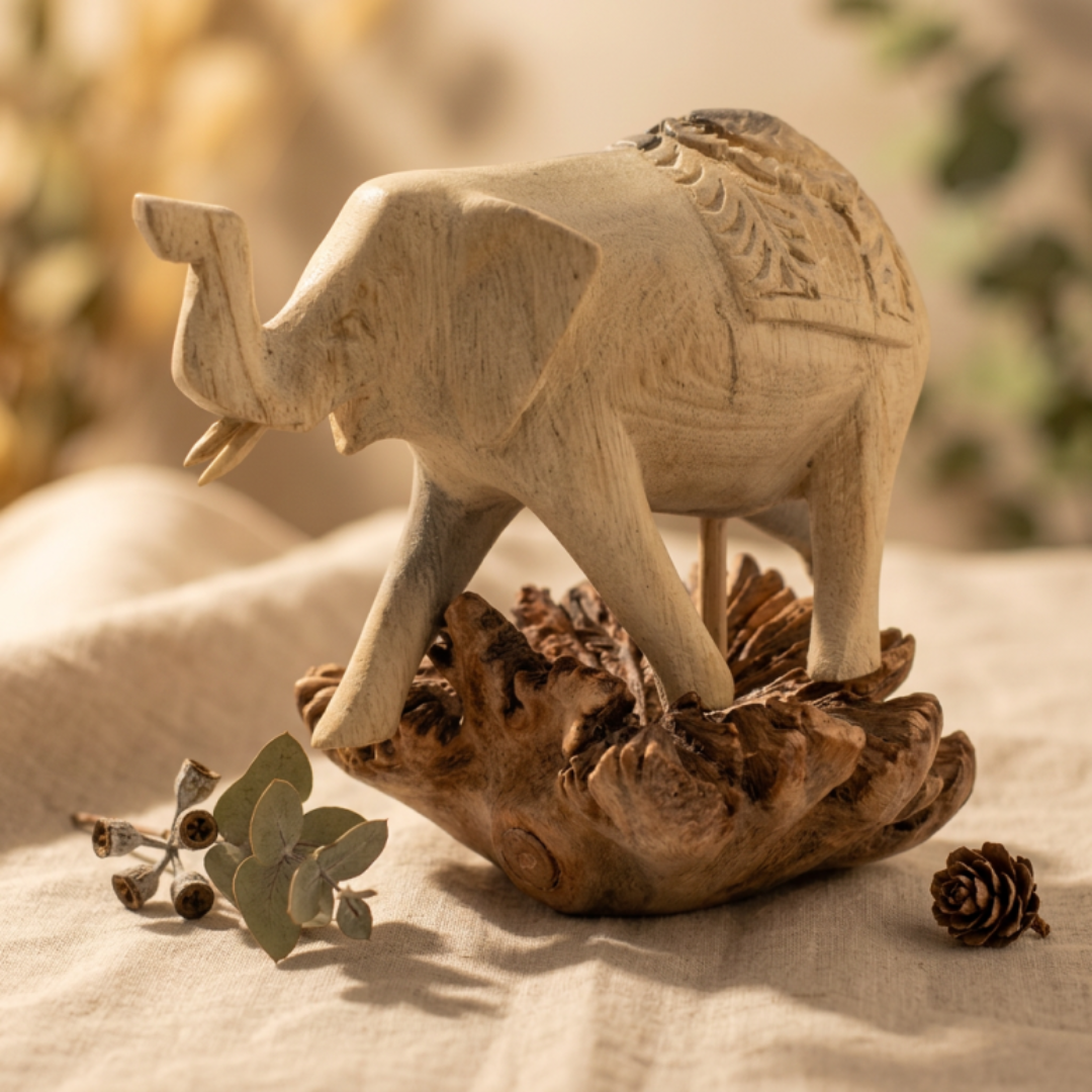 Handgemaakte houten olifant op voet van parasiethout