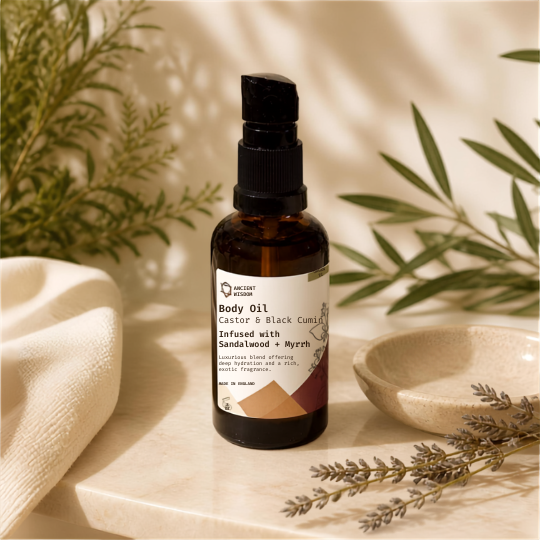 Sandalwood Mirre body oil van Ancient Wisdom, 50 ml