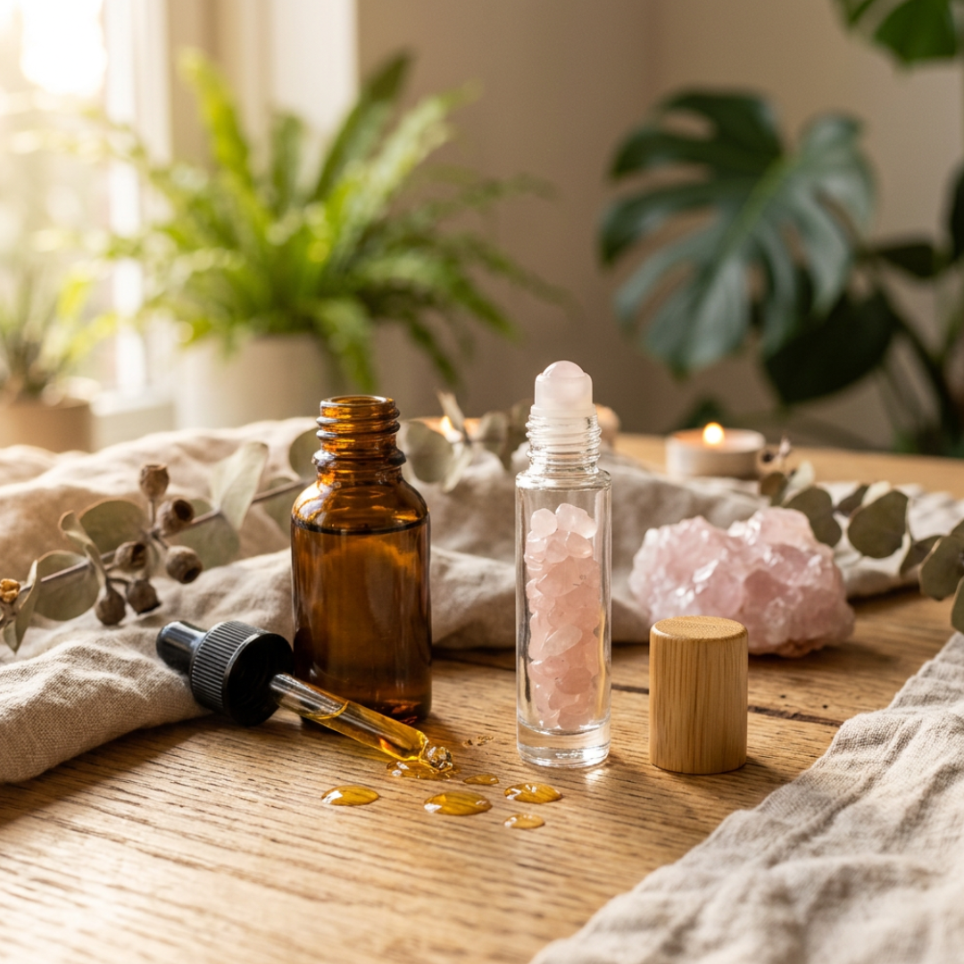 Edelsteen roller fles gevuld met rozenkwarts steentjes, 10 ml
