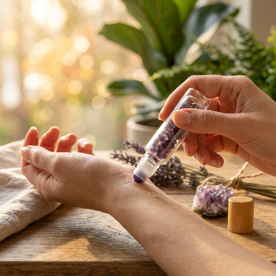 Amethist edelsteen roller flesje voor gebruik met parfum, serums, olie en dergelijke. Gevuld met amethist steentjes en amethist kogel, houten dop, inhoud 10 ml.