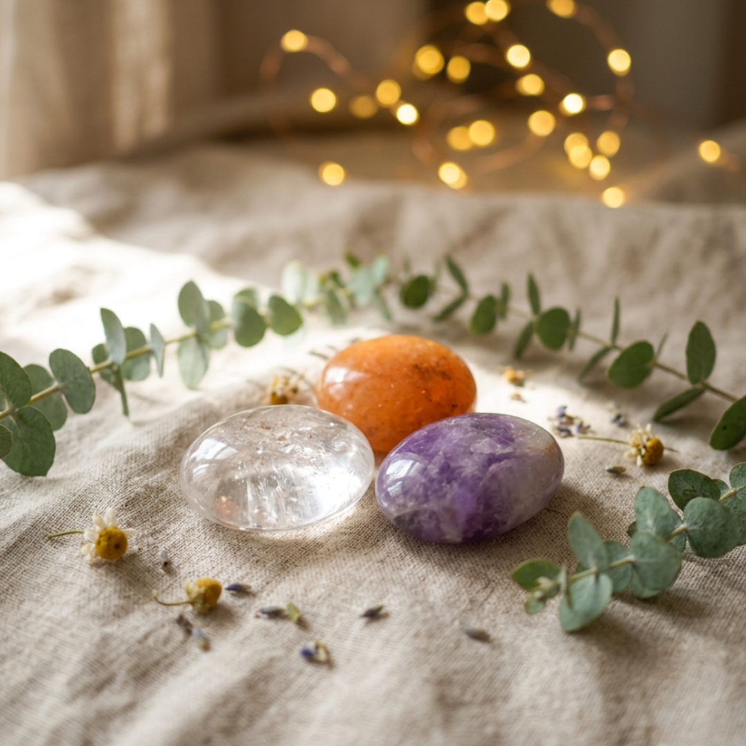 Handstenen Cadeauset, bergkristal, amethist en golden healer, in handgemaakt buideltasje