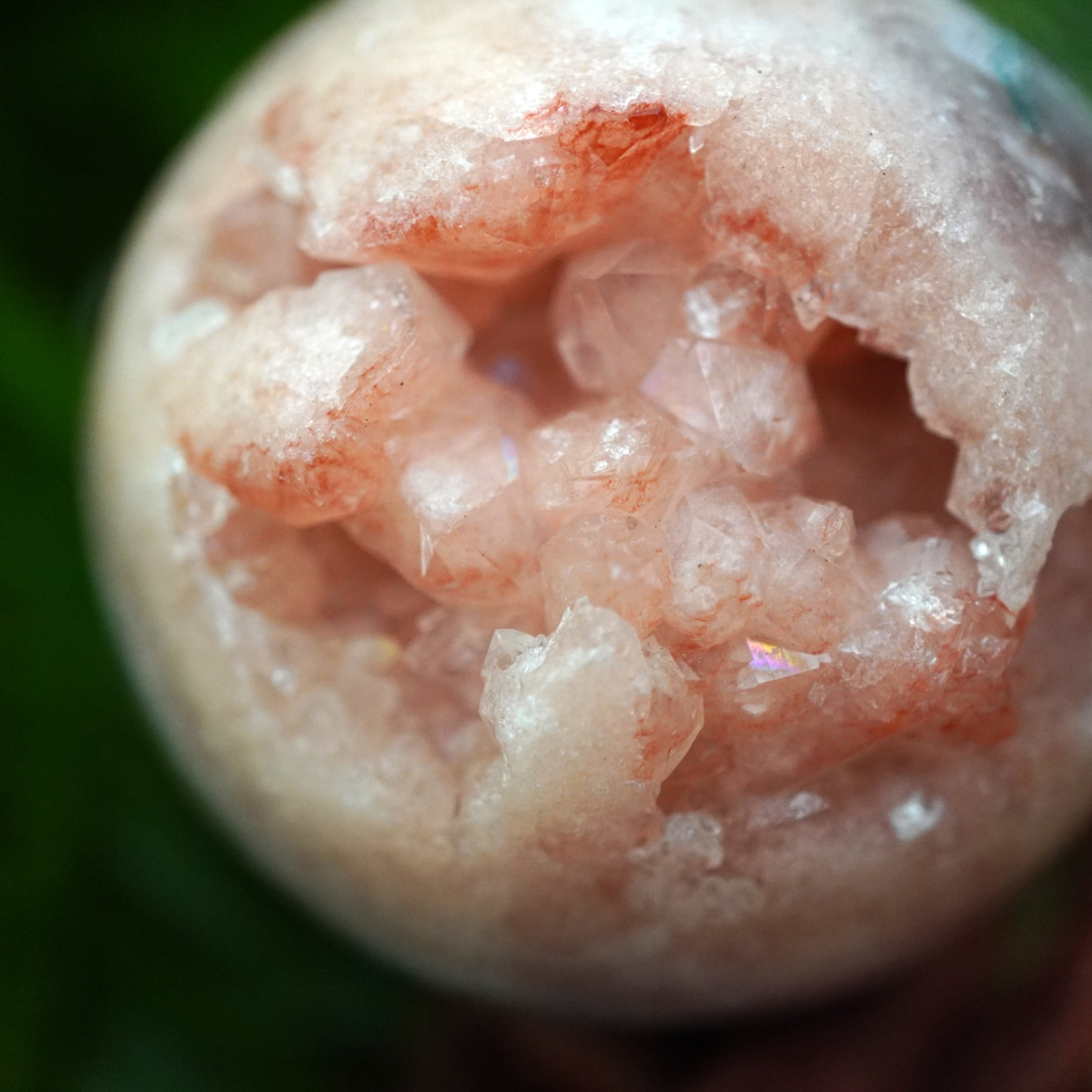 Roze amethist geode bol op houten cobra voet