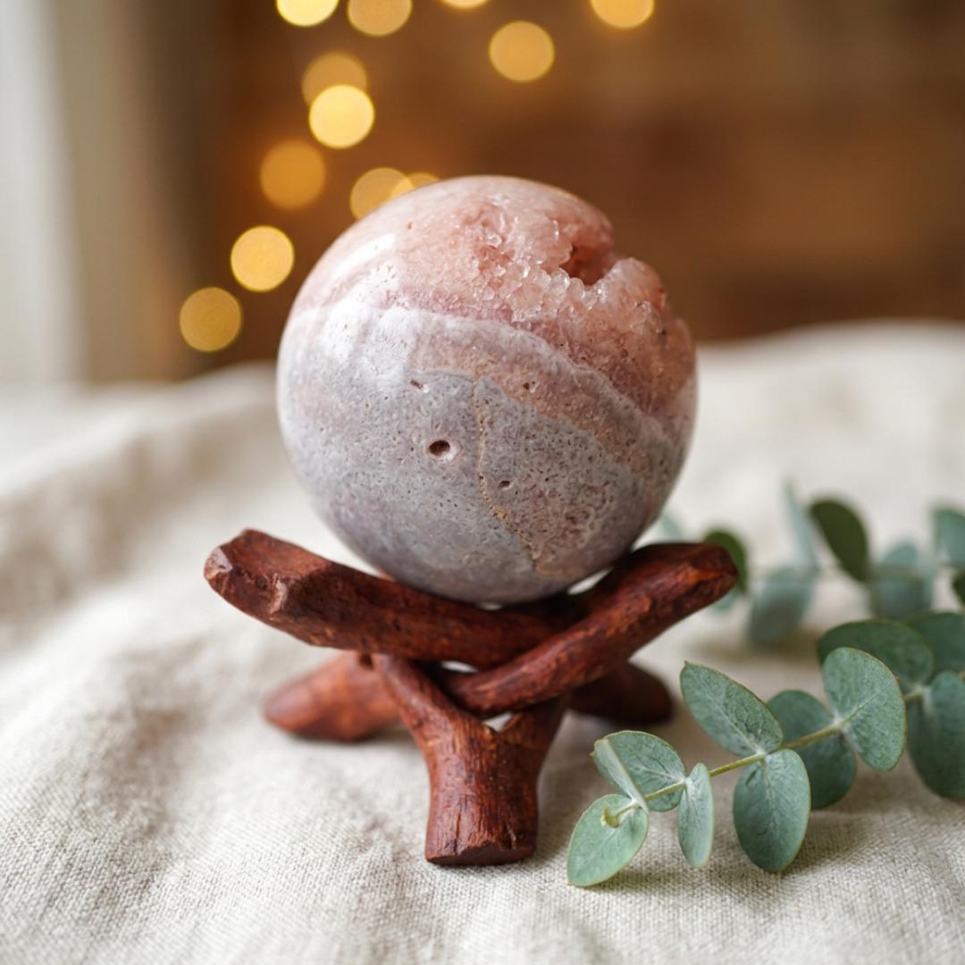 Roze amethist geode bol op houten cobra voet