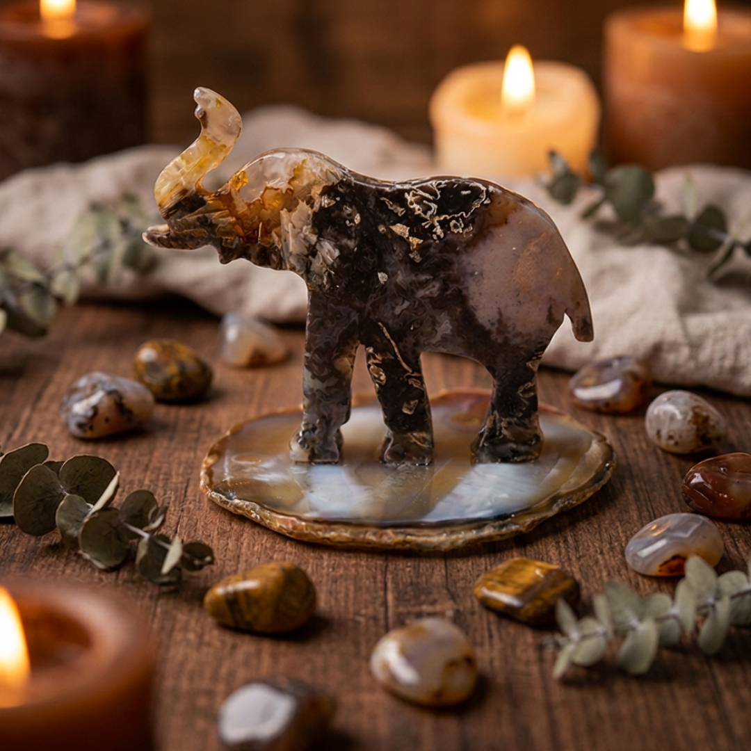 Prachtige agaat olifant carving op agaat schijf.