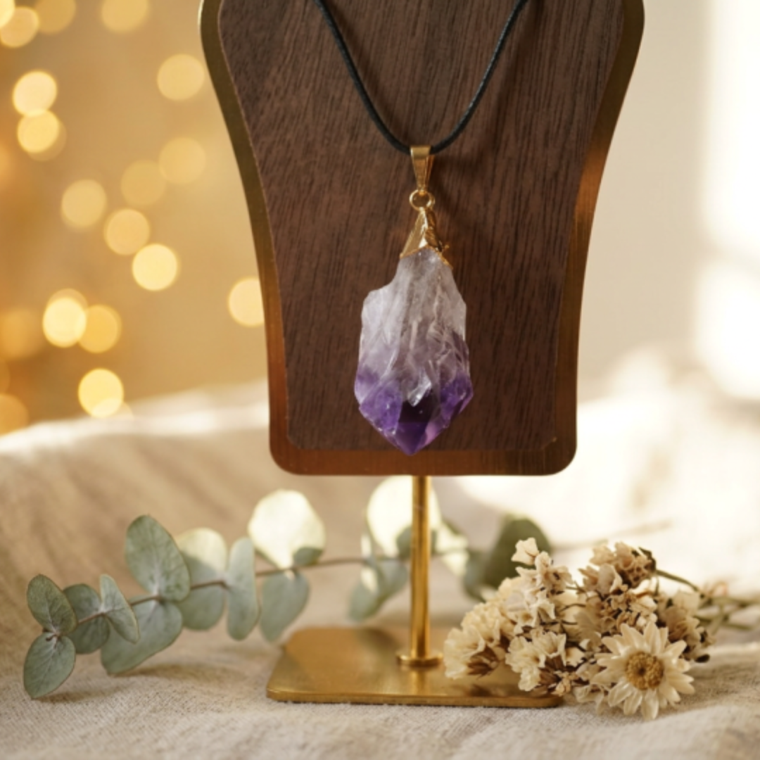 Ruwe amethist punt hanger in messing 24K goud vergulde zetting