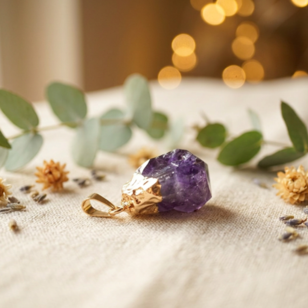 Ruwe amethist punt hanger in messing 24K goud vergulde zetting