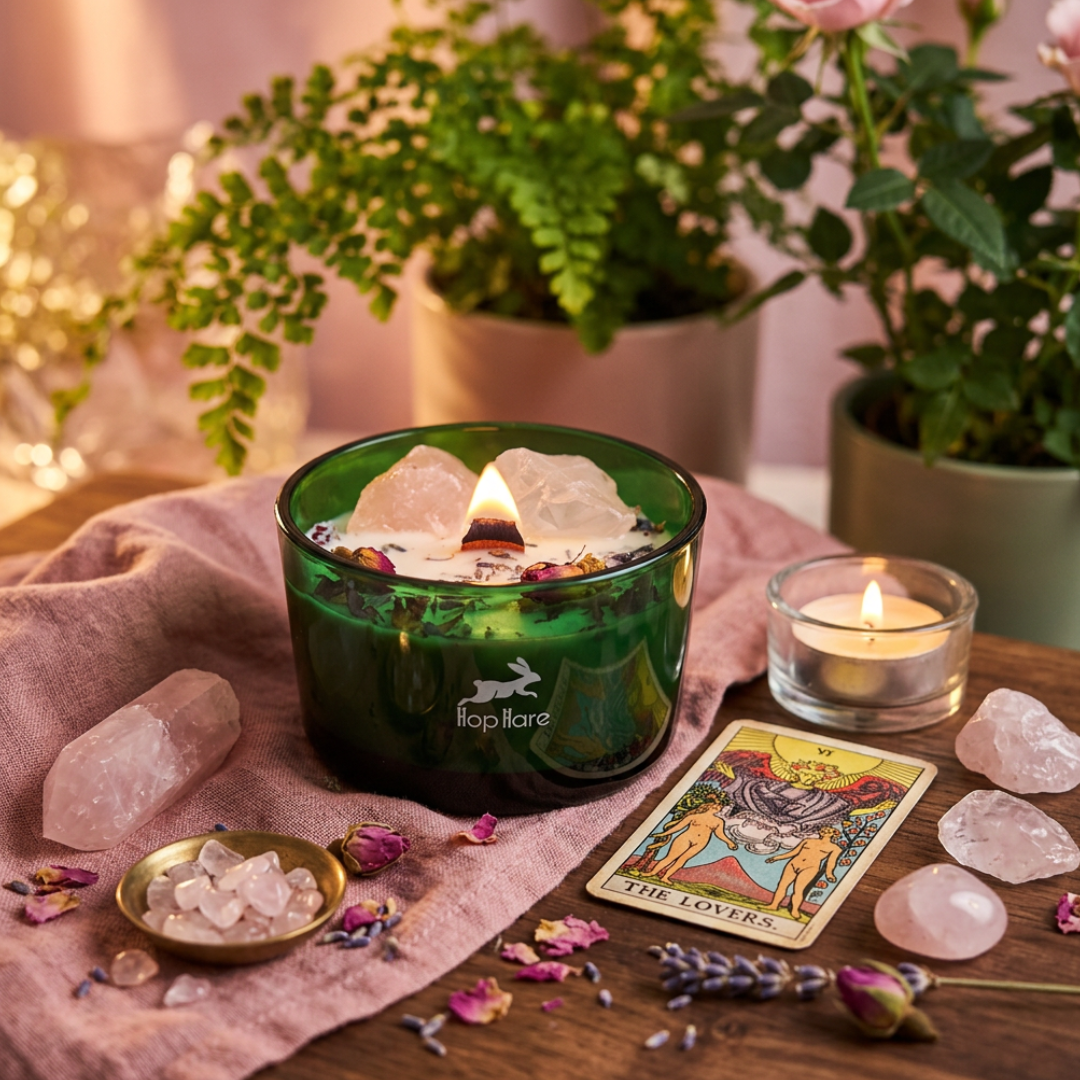 Hop Hare kristal bloemen geurkaars The Lovers in groen glazen pot.