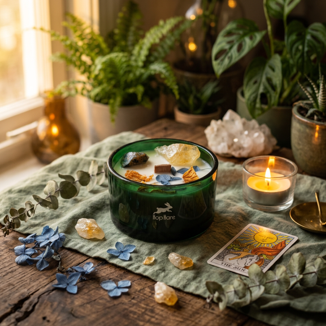 Hop Hare kristal bloemen geurkaars The Sun met citrien en sodaliet