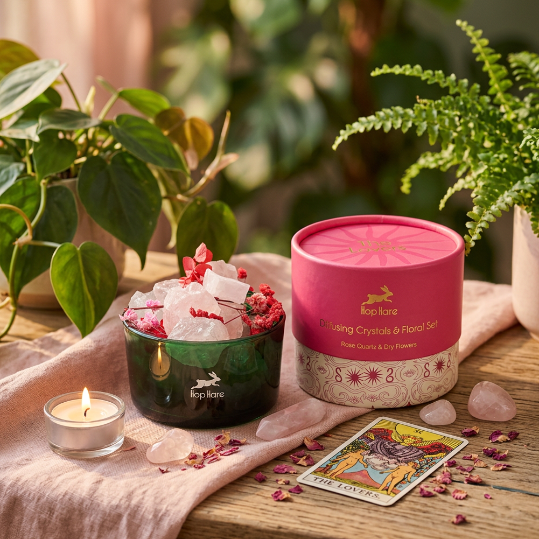 Hop Hare kristal diffuser set The Lovers met rozenkwarts en gedroogde bloemen in een glazen schaal.