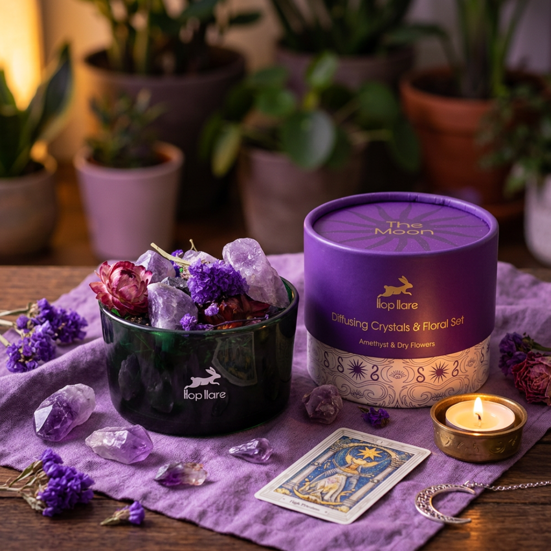 Hop Hare kristal diffuser set The Moon met amethist en gedroogde bloemen in een glazen schaal