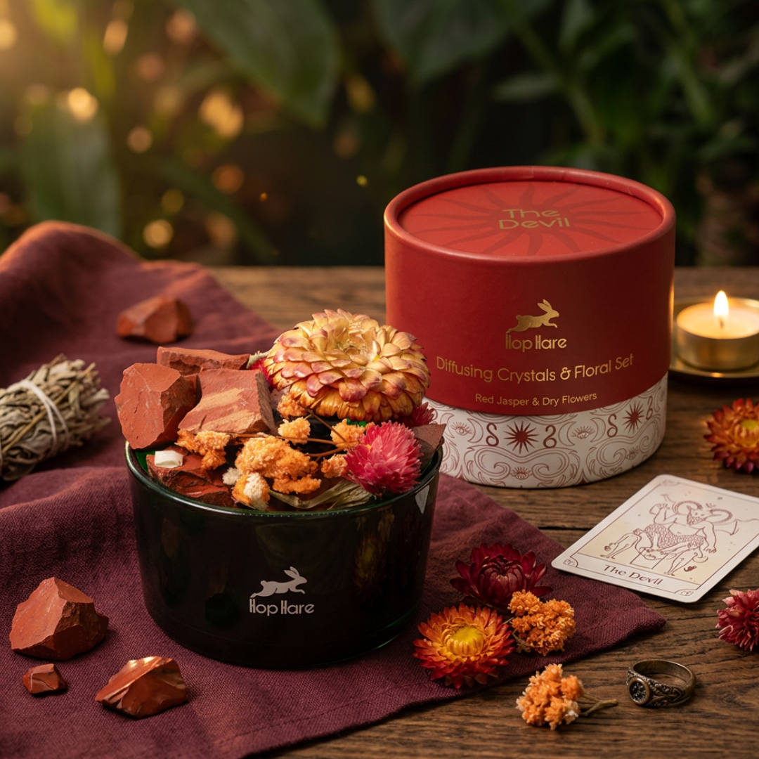 Kristal diffuser set The Devil met rode jaspis en gedroogde bloemen in een glazen schaal van Hop Hare
