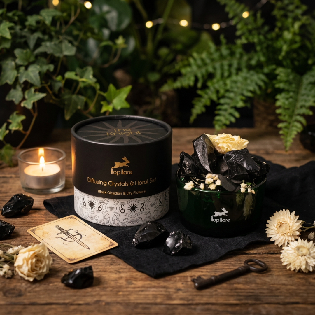 Hop Hare kristal diffuser set met obsidiaan en gedroogde bloemen in een glazen schaal.