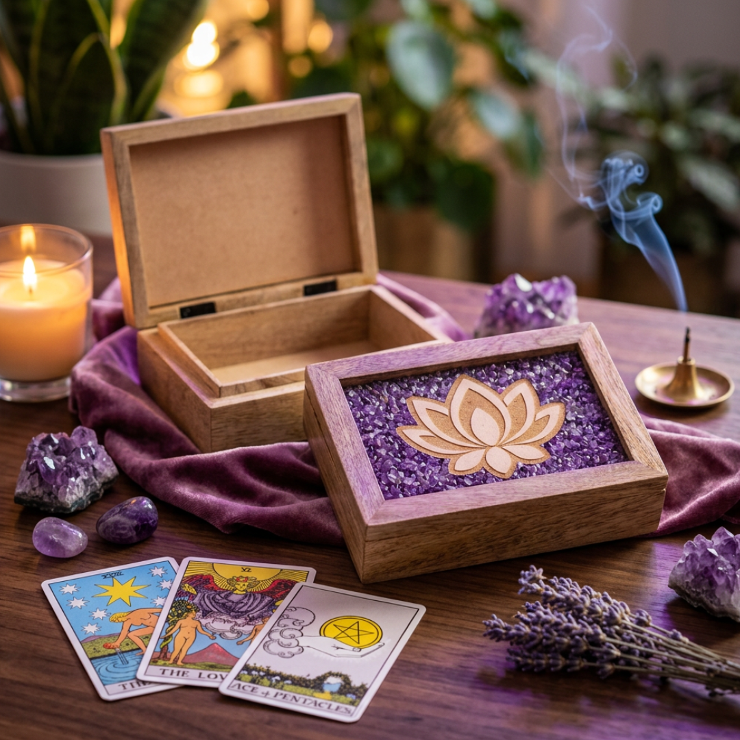 Prachtige mango houten sieraden/tarot doos met een lotus aan de bovenzijde die rondom is ingelegd met amethist splitsteentjes.