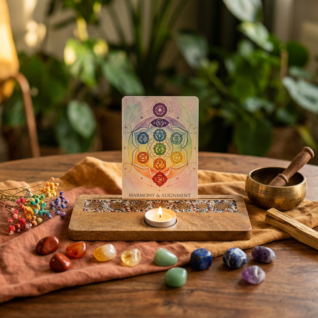Mangohouten kaarthouder met chakrasymbolen, chakra steentjes en een uitsparing voor een theelicht