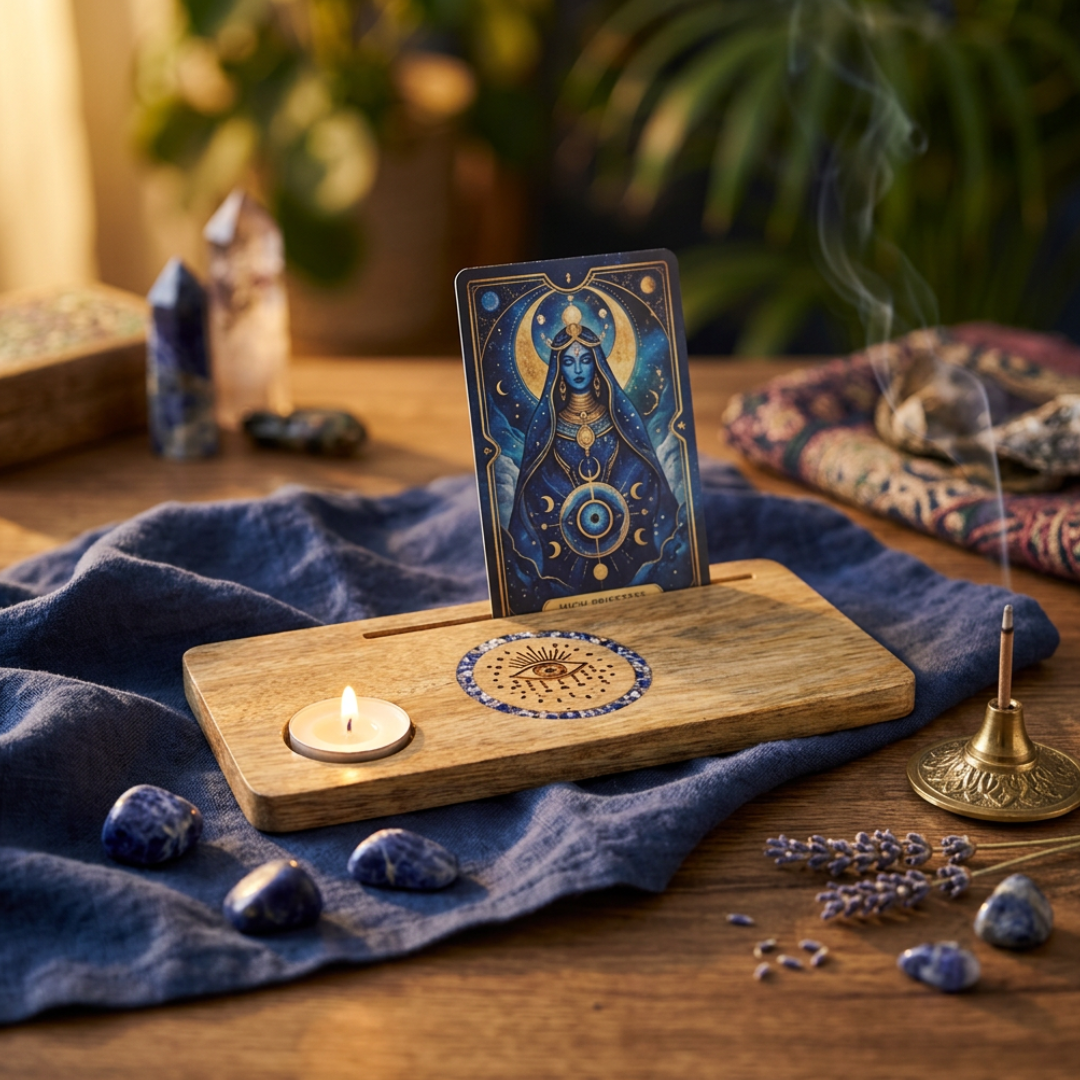 Mangohouten kaarthouder met een gravure van het spirituele oog omringd door een cirkel van sodaliet steentjes en een uitsparing voor een waxine lichtje.