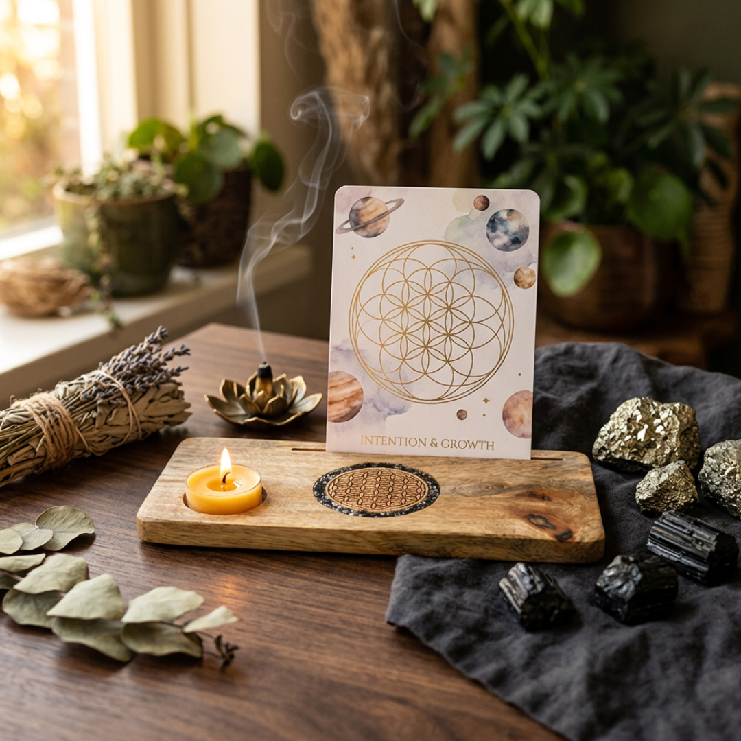 Mangohouten kaarthouder met flower of Life gravure omringd door pyriet en toermalijn splitsteentjes en uitsparing voor theelichtje