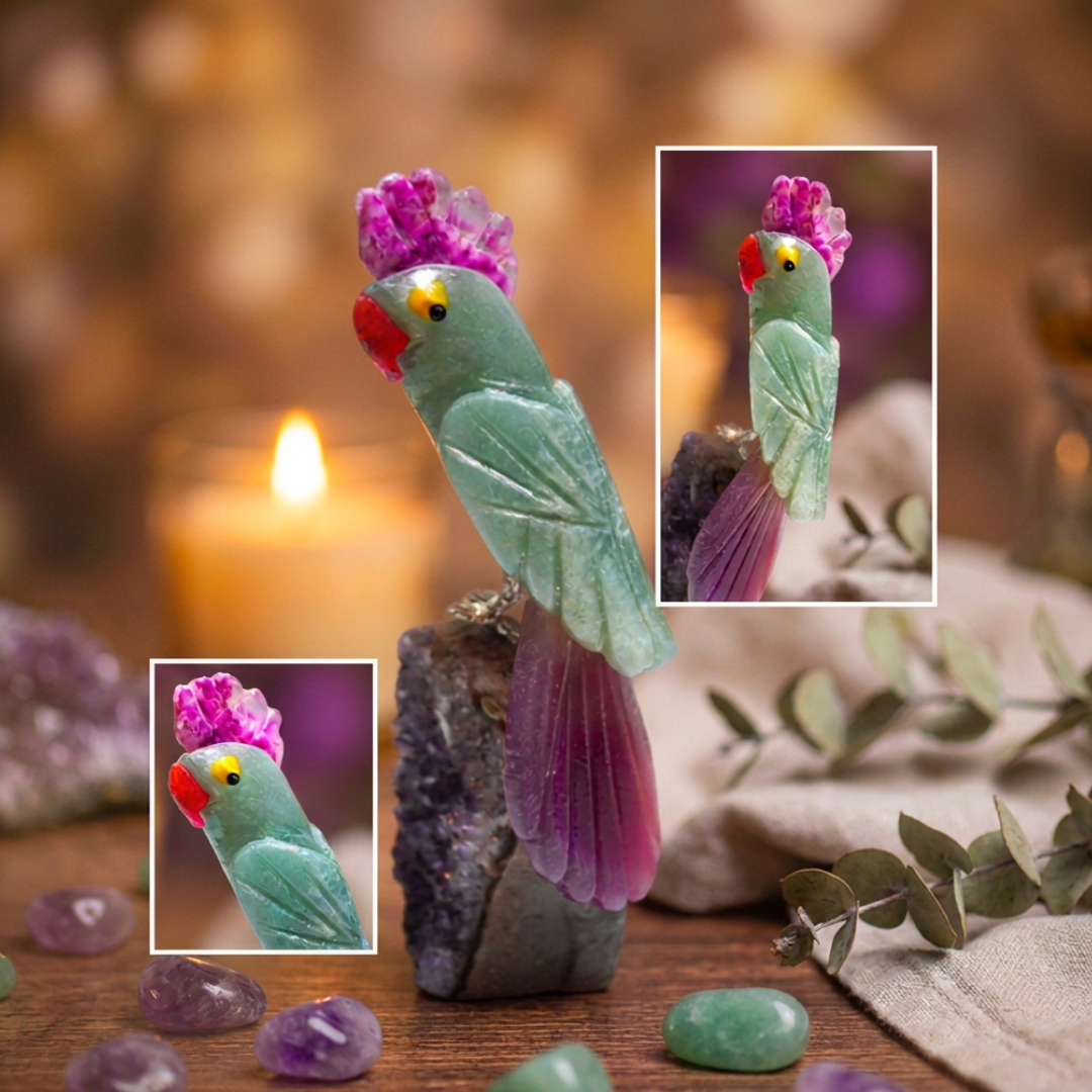 Prachtige calciet vogel op amethist voet