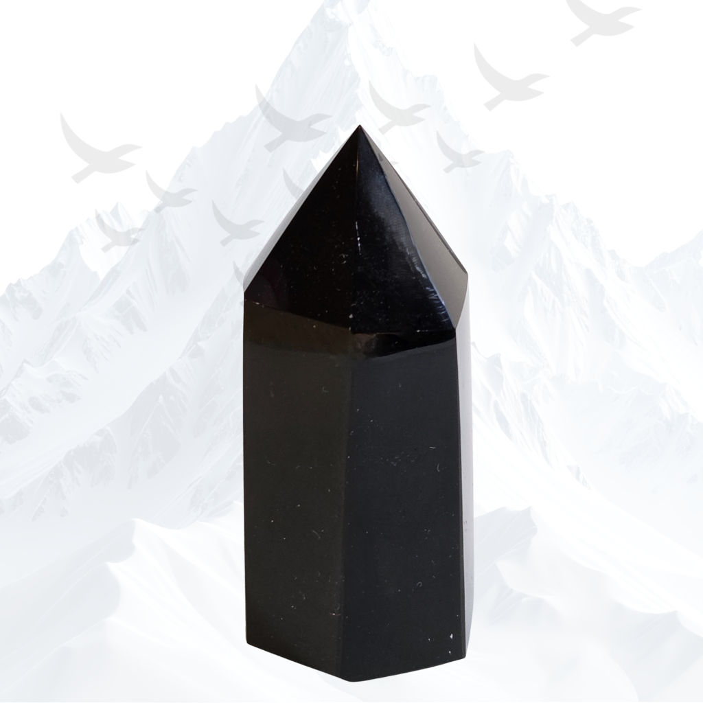 Prachtige geslepen obsidiaan toren van ca. 180 gram.