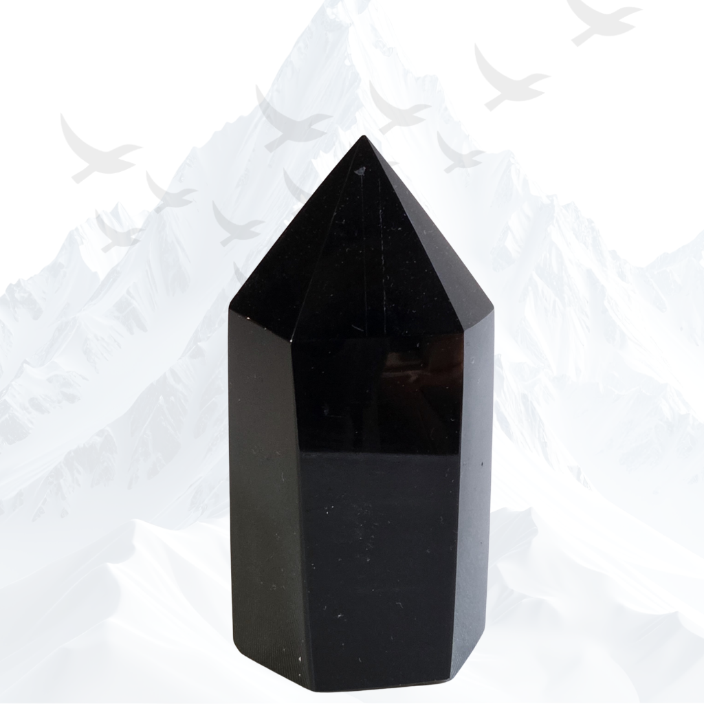 Prachtige geslepen obsidiaan toren van ca. 180 gram.